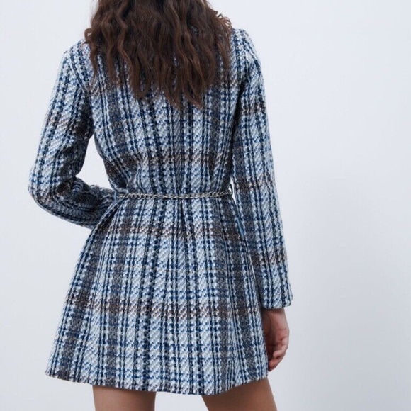 Zara Blue Tweed Mini Dress Belted - Picture 4 of 4